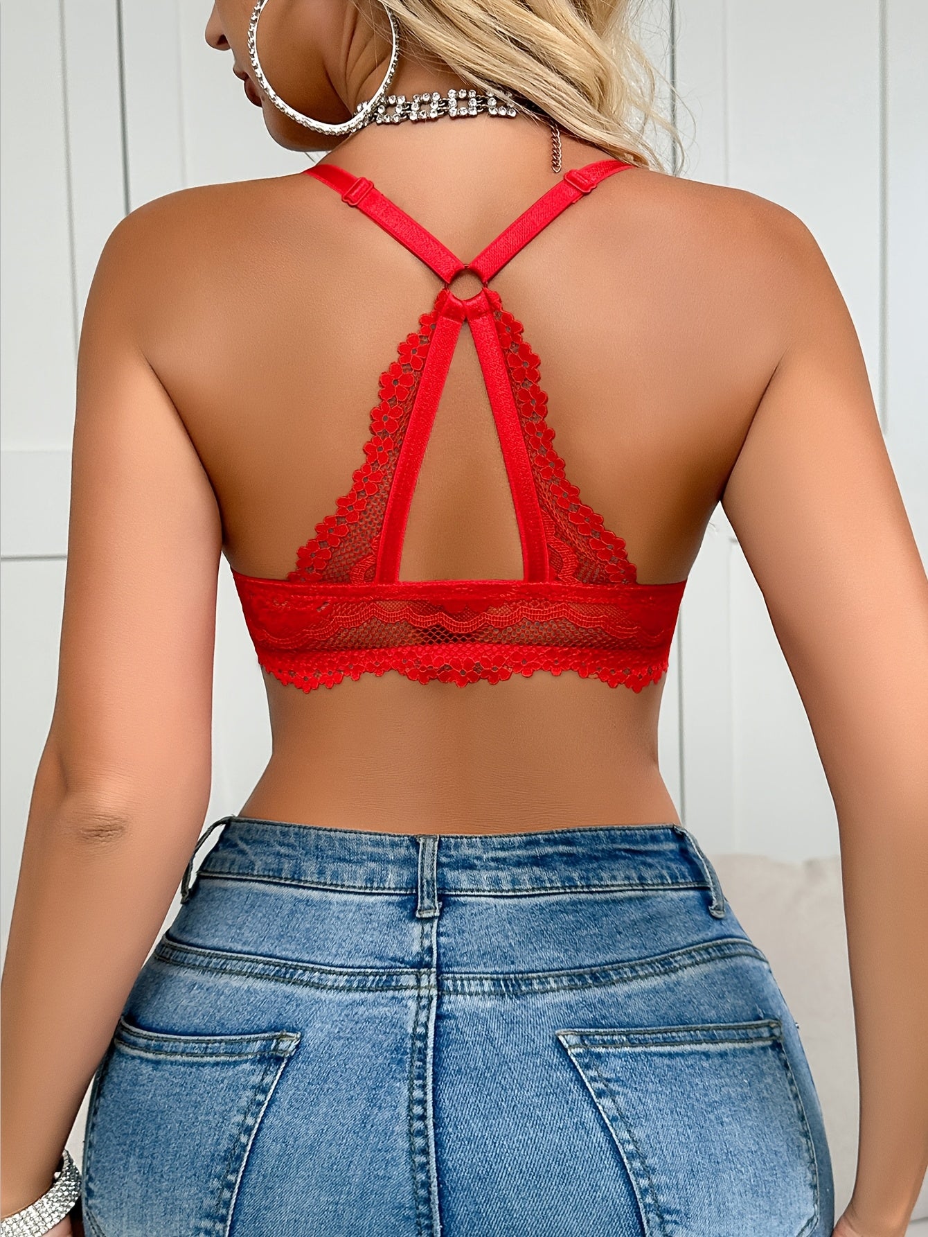 Soutien-Gorge Dentelle Sexy Femme - Sous-Armatures, Fermeture Devant, 90% Polyamide, Noir Rouge Blanc, EU 85B-100D