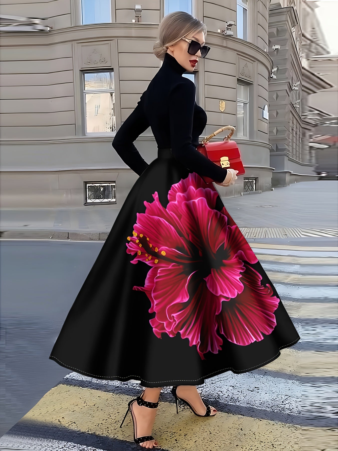Jupe Femme Fond Noir Motif Floral – Style Vacances, Toutes Saisons