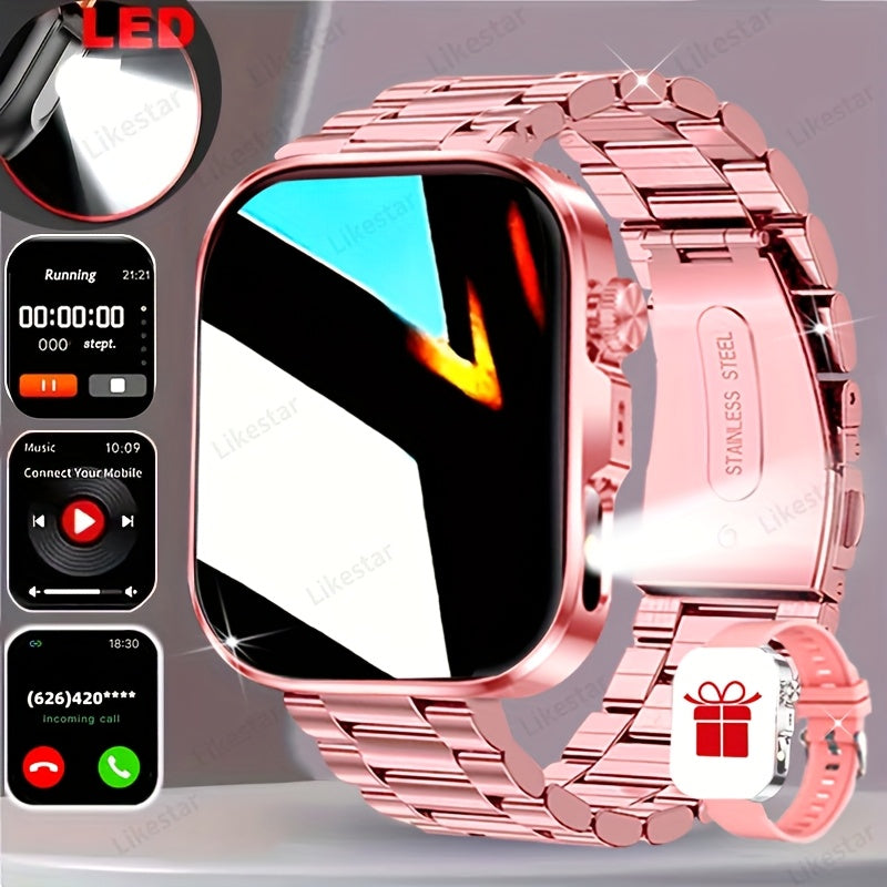 Montre Connectee Tactile Bracelet Acier Inoxydable Ecran HD 2.01 Pouces Recharge Magnetique - Appels Notifications Lampe Torche LED Style Business Decontracte