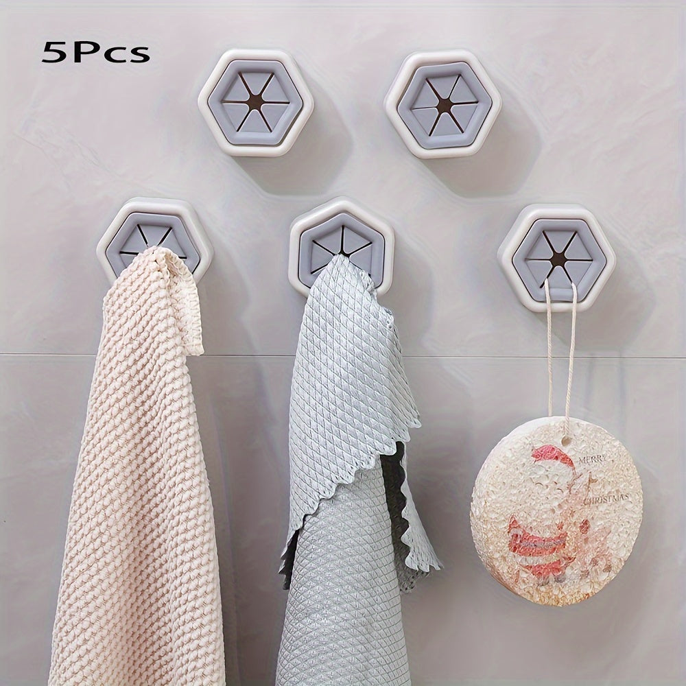 Lot de 5 crochets hexagonaux muraux - Porte-serviettes, rangement cuisine salle de bain, plastique, fixation murale