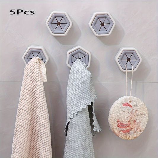 Lot de 5 crochets hexagonaux muraux - Porte-serviettes, rangement cuisine salle de bain, plastique, fixation murale