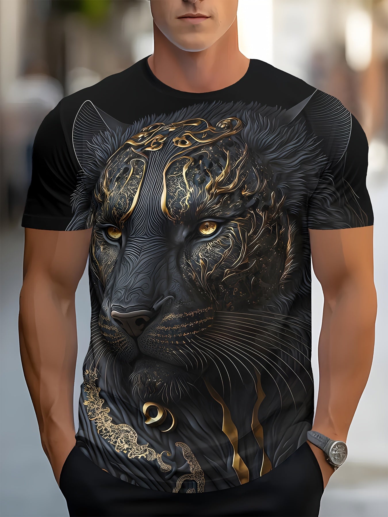 T-Shirt Sport Homme Col Rond Imprime Integral Aleatoire - 100% Polyester Coupe Standard Noir FR S-XXL