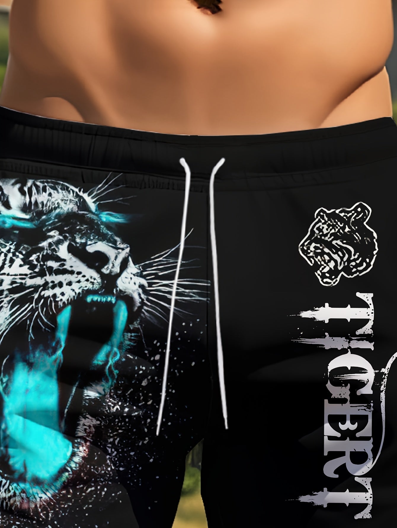 Short Homme Plage Ete Motif Tigre Feroce Geometrique - 95% Polyester Elasthanne Coupe Standard Bleu Noir FR S-XXL