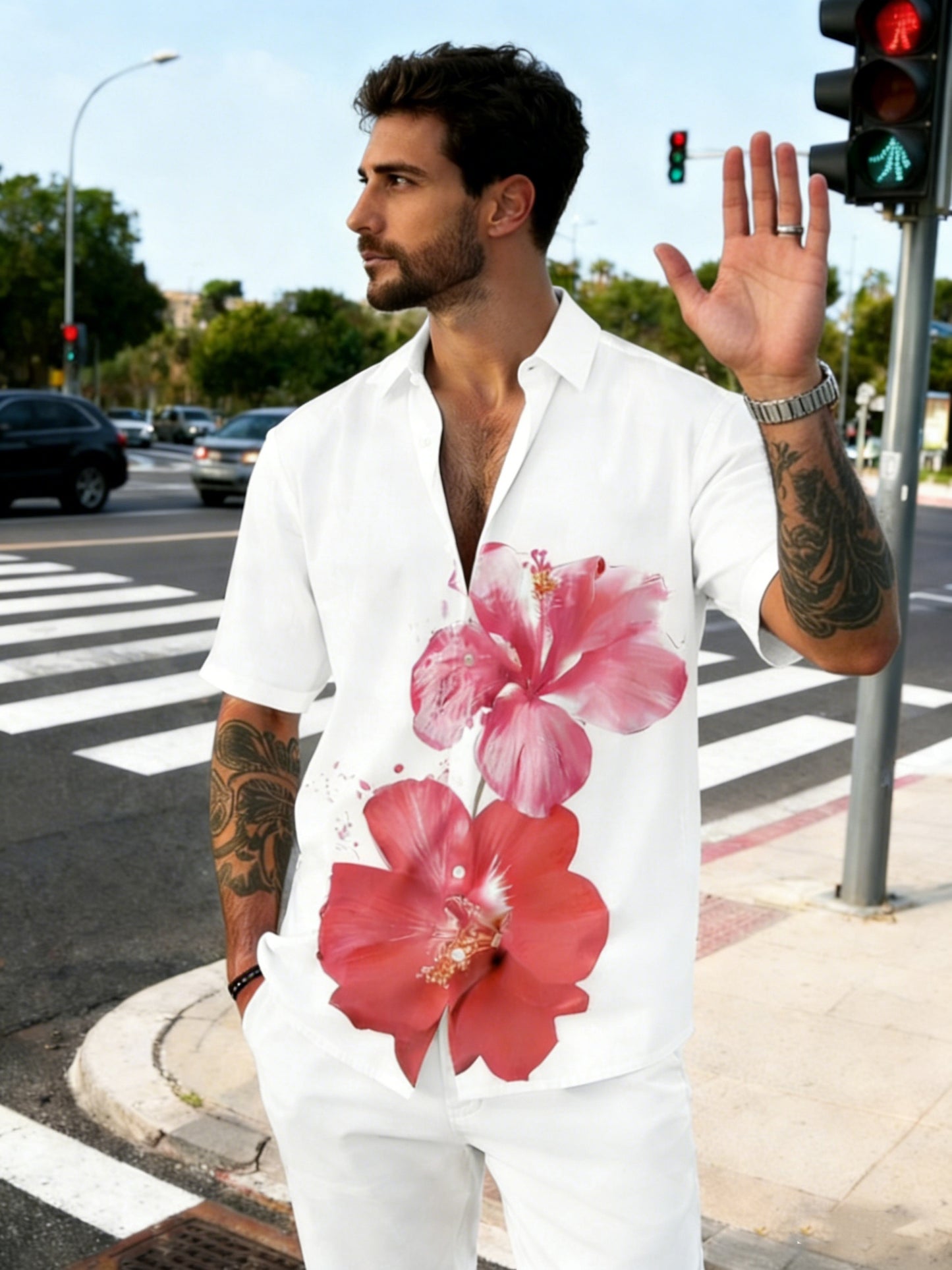 Chemise homme fleurie hibiscus manches courtes - Style décontracté été