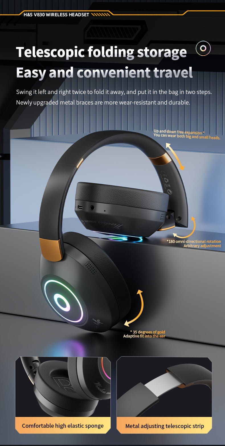 Casque Sans Fil Pliable avec Lumières LED – Gaming & Musique, Batterie 200mAh & USB-C | Noir & Blanc