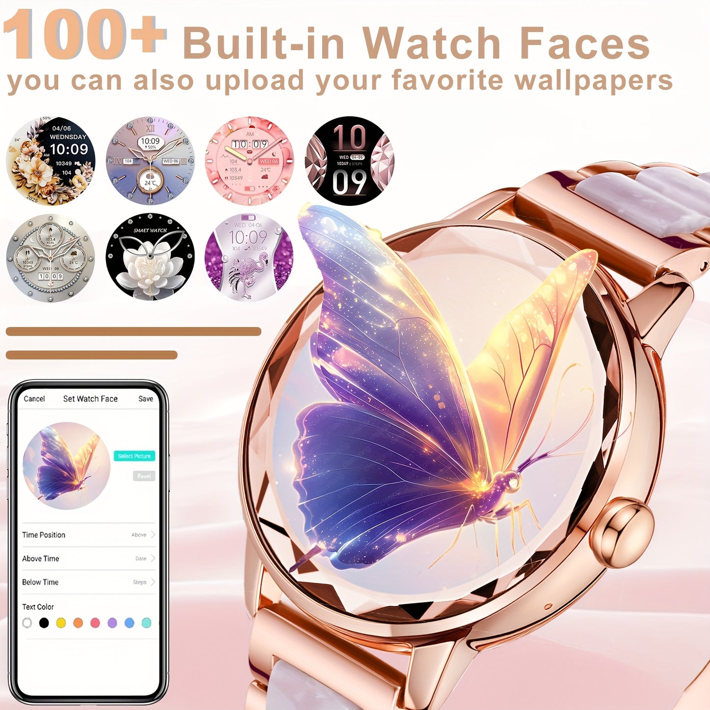 Montre Connectee Femme Elegante Bracelet Acier Inoxydable Ecran TFT 1.19 Bluetooth 5.3 - Suivi Cycle Sommeil Calories Podometre Compatible Android iPhone Rose Dore Argente