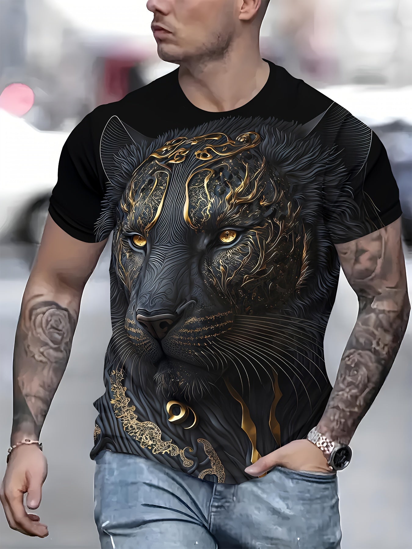 T-Shirt Sport Homme Col Rond Imprime Integral Aleatoire - 100% Polyester Coupe Standard Noir FR S-XXL