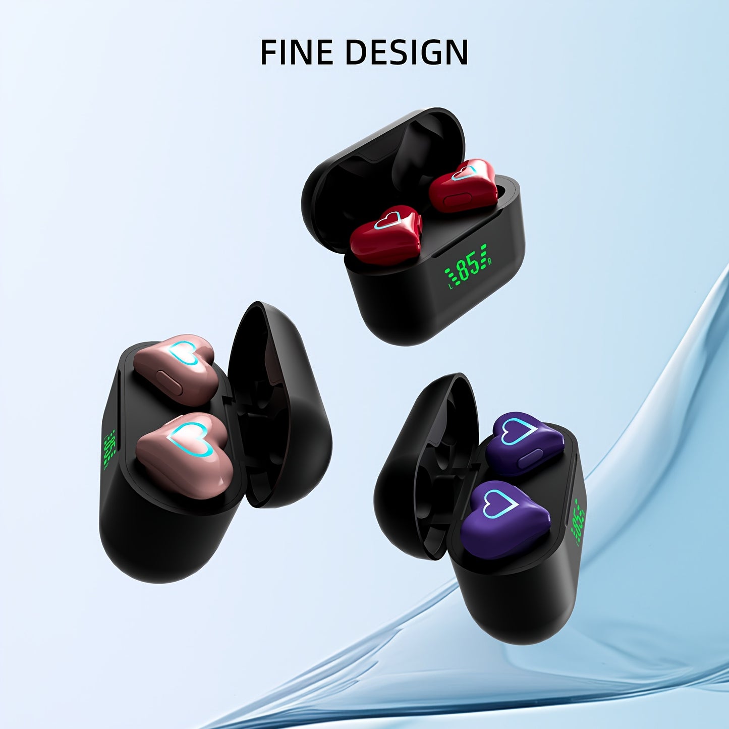Ecouteurs Sans Fil TWS Coeur - LED, Bluetooth, Reduction de Bruit, Sport & Gaming