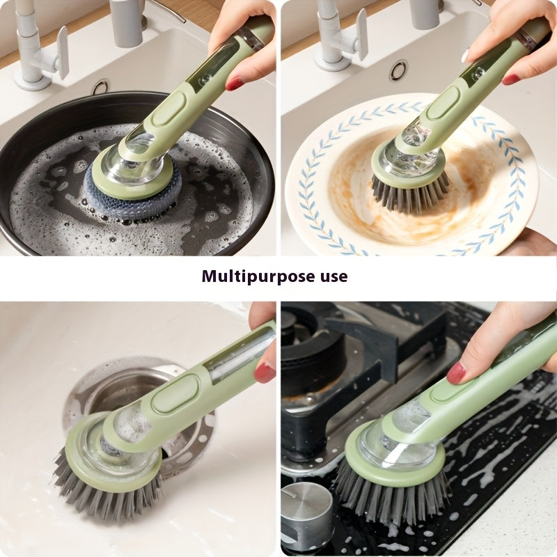 Brosse vaisselle ergonomique distributeur savon integre - Manche allonge, tete interchangeable, plastique, vert