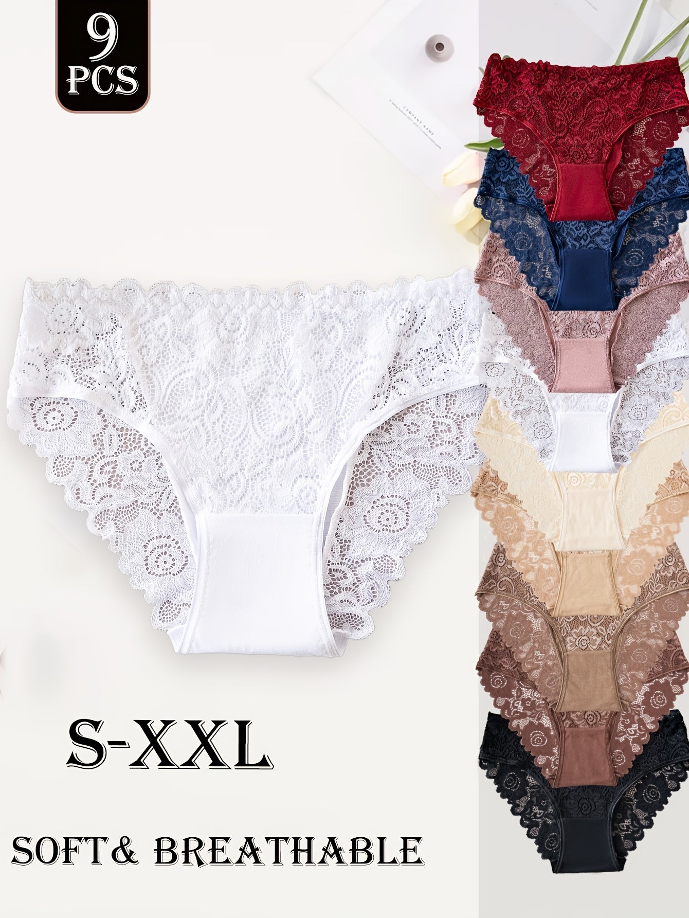 Lot de 9 culottes femme en coton avec dentelle - Couleur unie, style élégant, confort quotidien