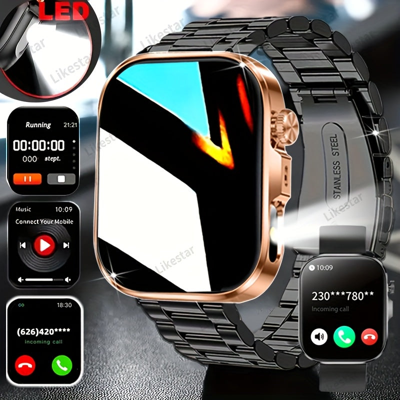 Montre Connectee Tactile Bracelet Acier Inoxydable Ecran HD 2.01 Pouces Recharge Magnetique - Appels Notifications Lampe Torche LED Style Business Decontracte