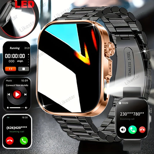 Montre Connectee Tactile Bracelet Acier Inoxydable Ecran HD 2.01 Pouces Recharge Magnetique - Appels Notifications Lampe Torche LED Style Business Decontracte