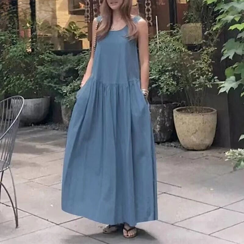 Robe longue ample à col rond et sans manches, grande taille, couleur unie - Topdecheztop.fr