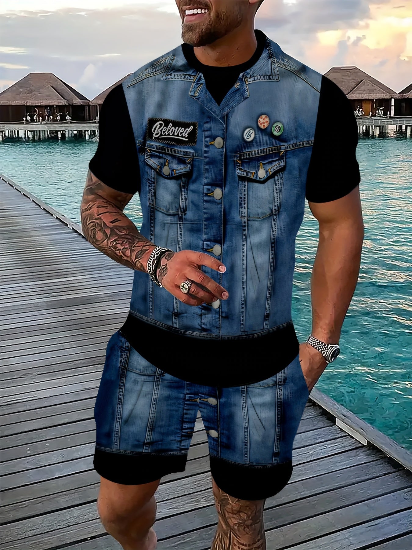 Ensemble 2 pieces homme imprime faux denim - Haut manches courtes + short assortis, polyester stretch, bleu