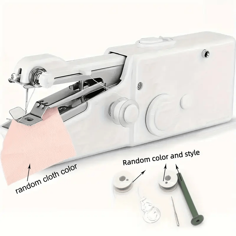 Portable compact sewing machine in white with a pink fabric piece, includes thread spools and a needle.
