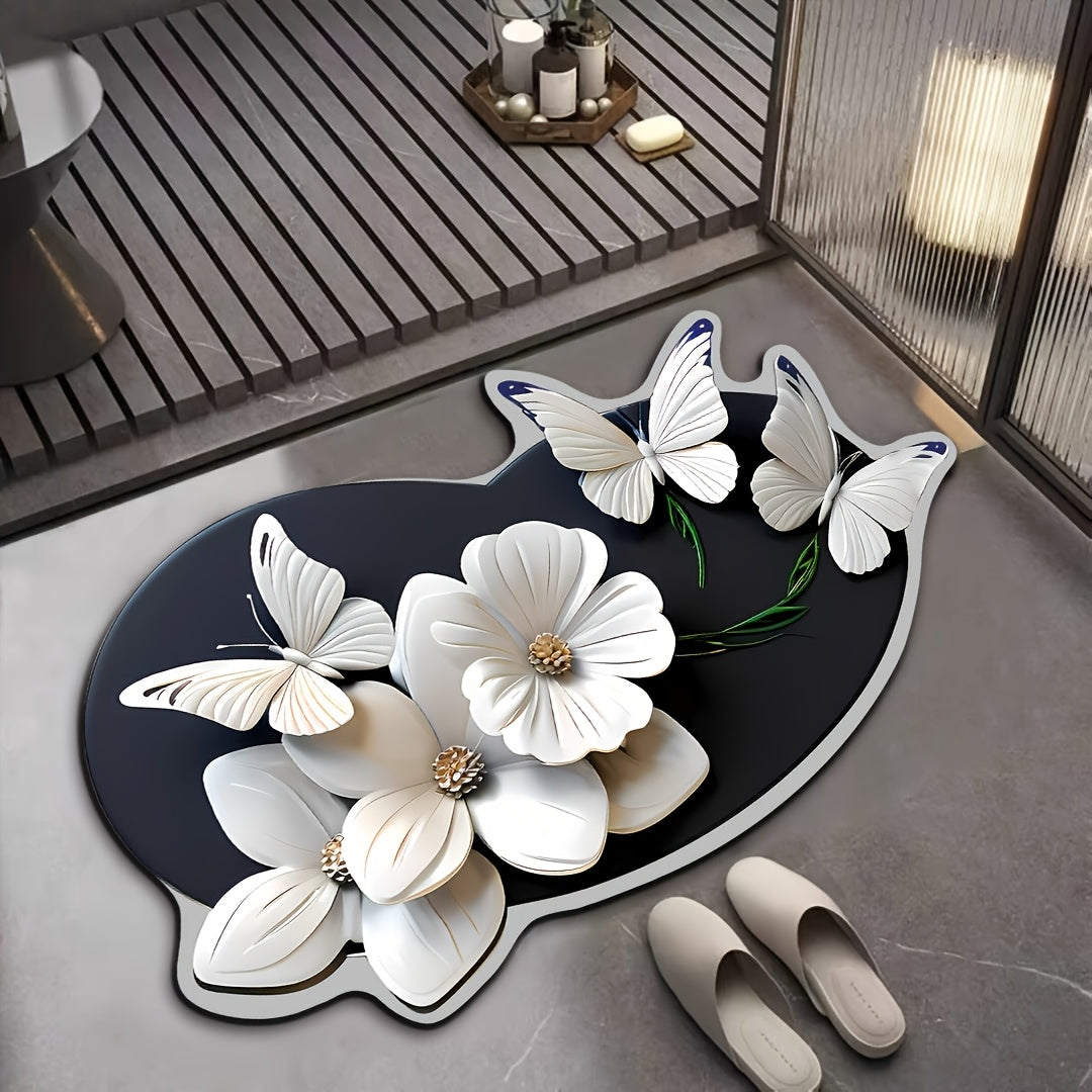 Tapis de Bain Rond Papillon Motif Floral - Antiderapant, Sechage Rapide, 100% Polyester, 40x60 ou 50x80cm