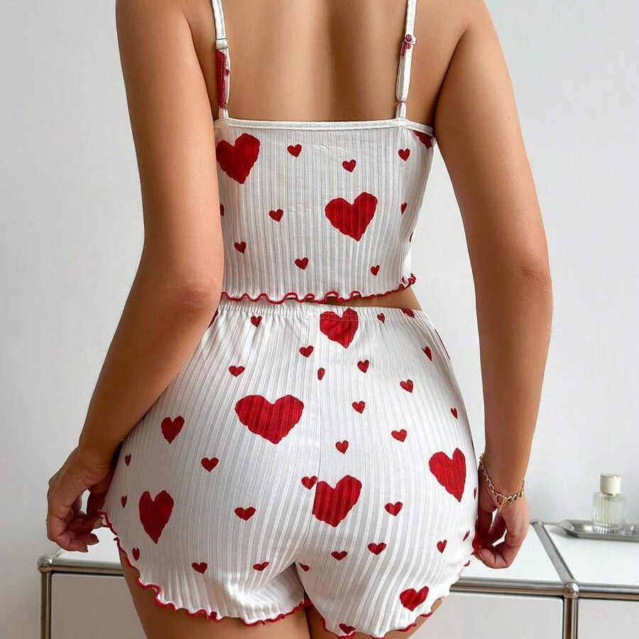 Ensemble pyjama femme bretelles et short - Tissu cotele rayures creuses, imprime coeur, style europeen