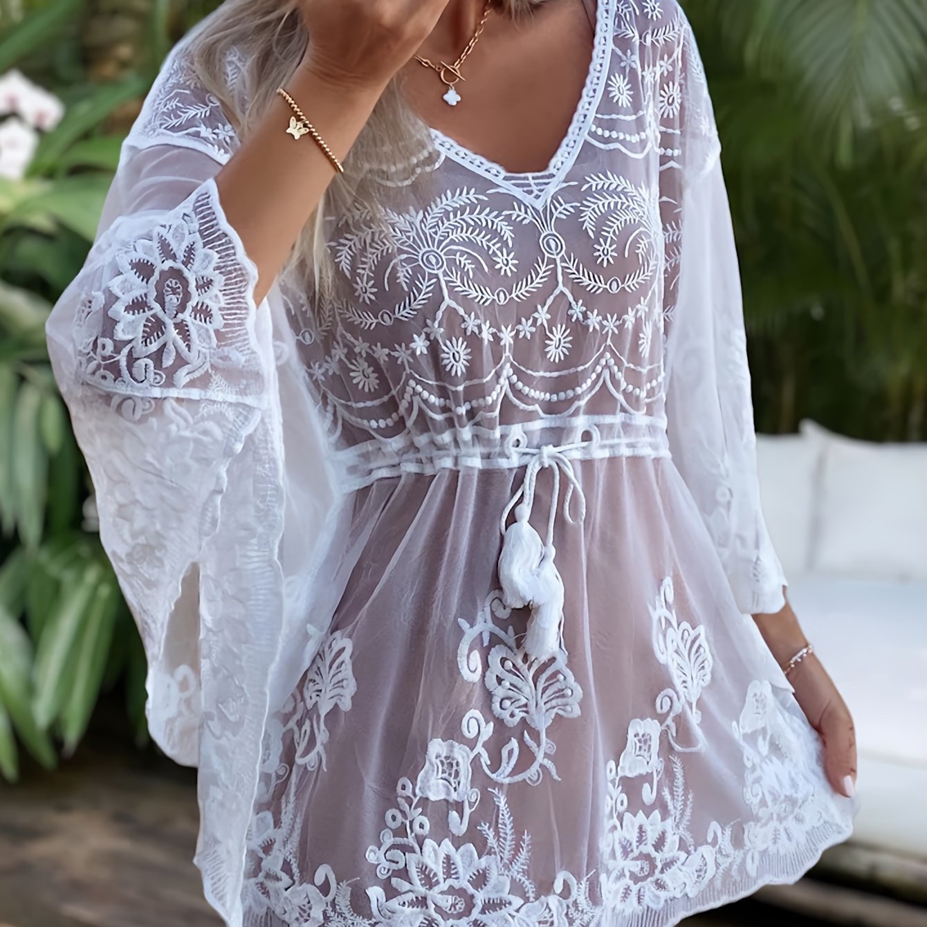 Cache-Maillot Femme Plage Col en V Manches Chauve-Souris Design Ajoure Maille Contrastee - 90% Polyester Elasthanne Blanc Taille Unique