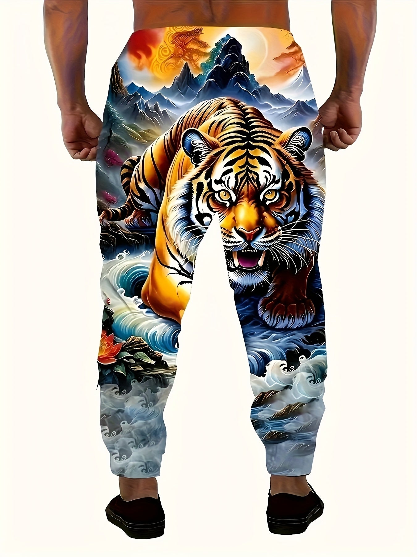 Pantalon Sport Décontracté Homme — Imprimé Rétro Tigre, 100% Polyester, Cordon, S-XXXL