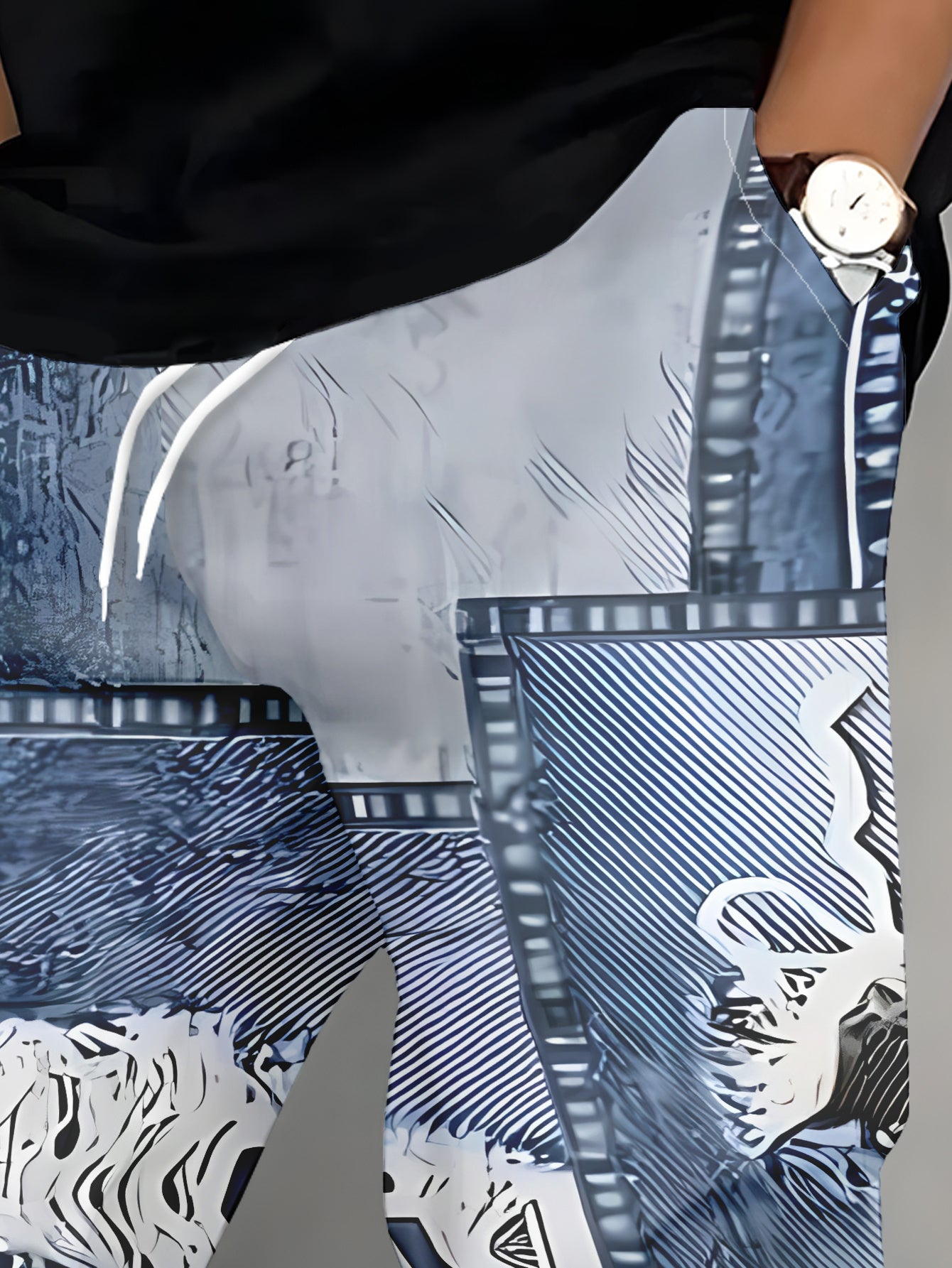 Pantalon jogging homme denim patchwork delave - Ourlet effiloche, poches dechirees, polyester stretch, bleu