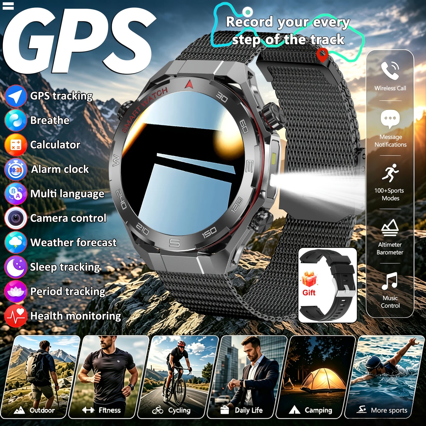 Montre Connectee Sport Homme GPS Integre - Ecran IPS HD 1.5 Pouces, Lampe Torche LED, Altimetre, Bluetooth 5.0