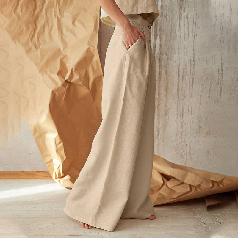 Pantalons pour femme, taille haute, décontractés, boutons, jambes larges, en coton - Topdecheztop.fr