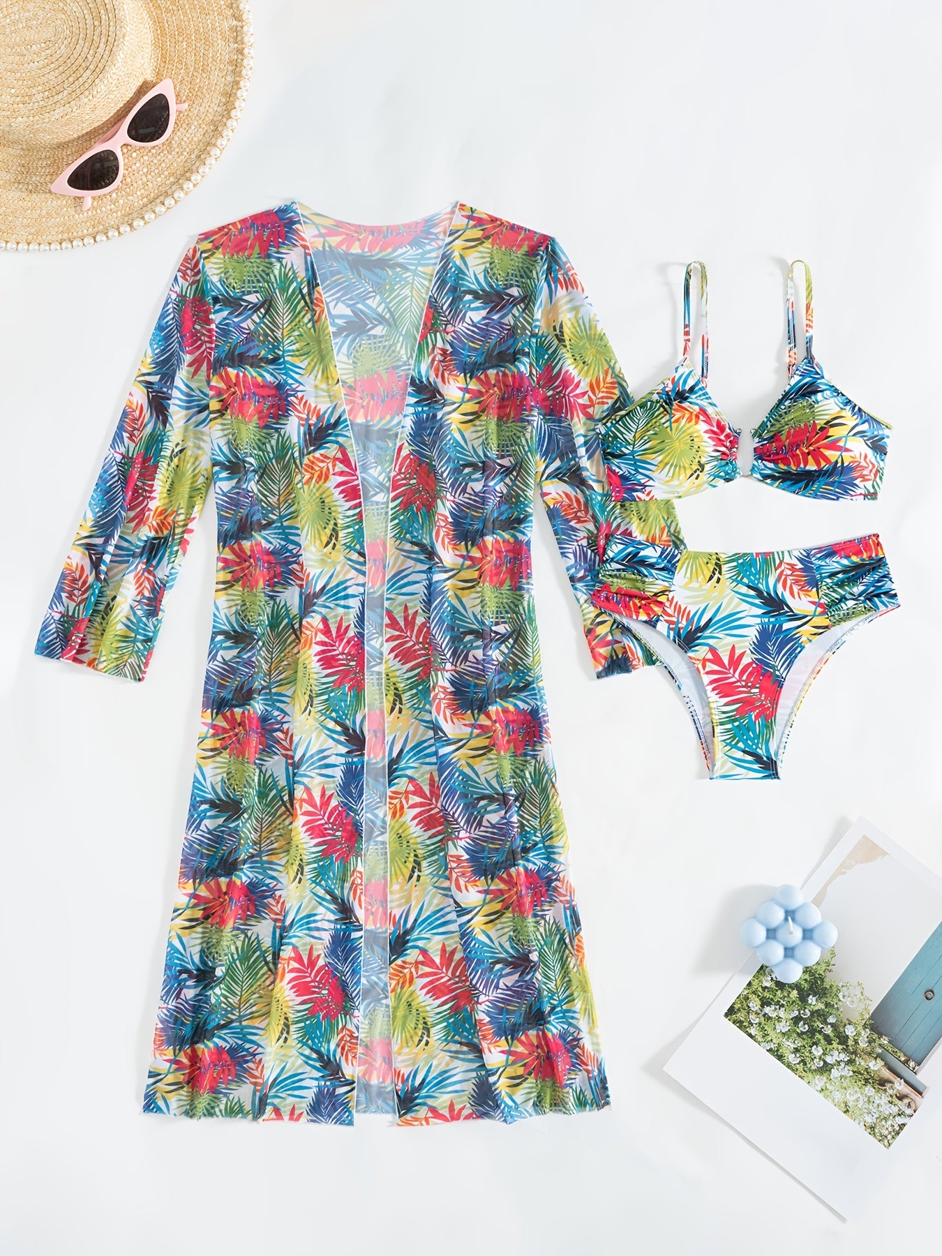Ensemble Bikini 3 Pieces Femme - Motif Tropical, Col en V, Manches Longues