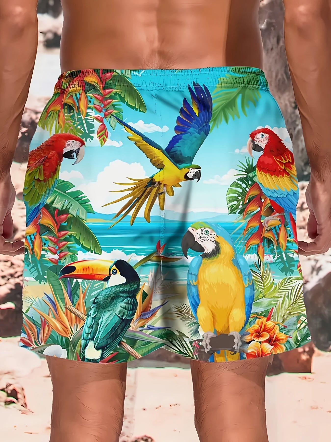 Short de plage homme grande taille imprimé perroquet 3D - Avec poches, coupe standard