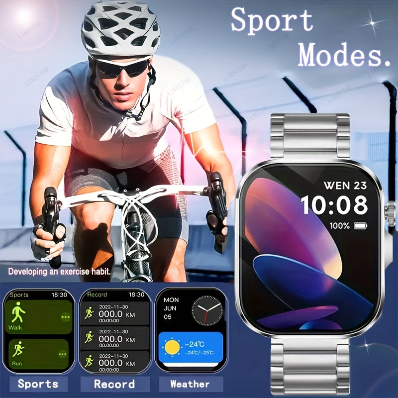 Montre Connectee Tactile Bracelet Acier Inoxydable Ecran HD 2.01 Pouces Recharge Magnetique - Appels Notifications Lampe Torche LED Style Business Decontracte