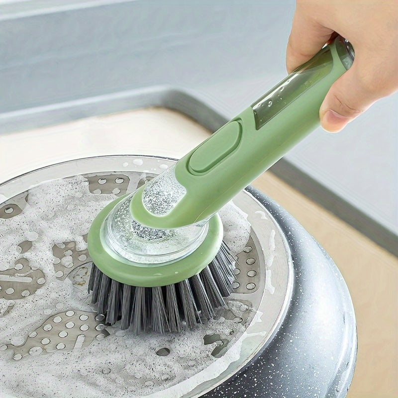 Brosse vaisselle ergonomique distributeur savon integre - Manche allonge, tete interchangeable, plastique, vert