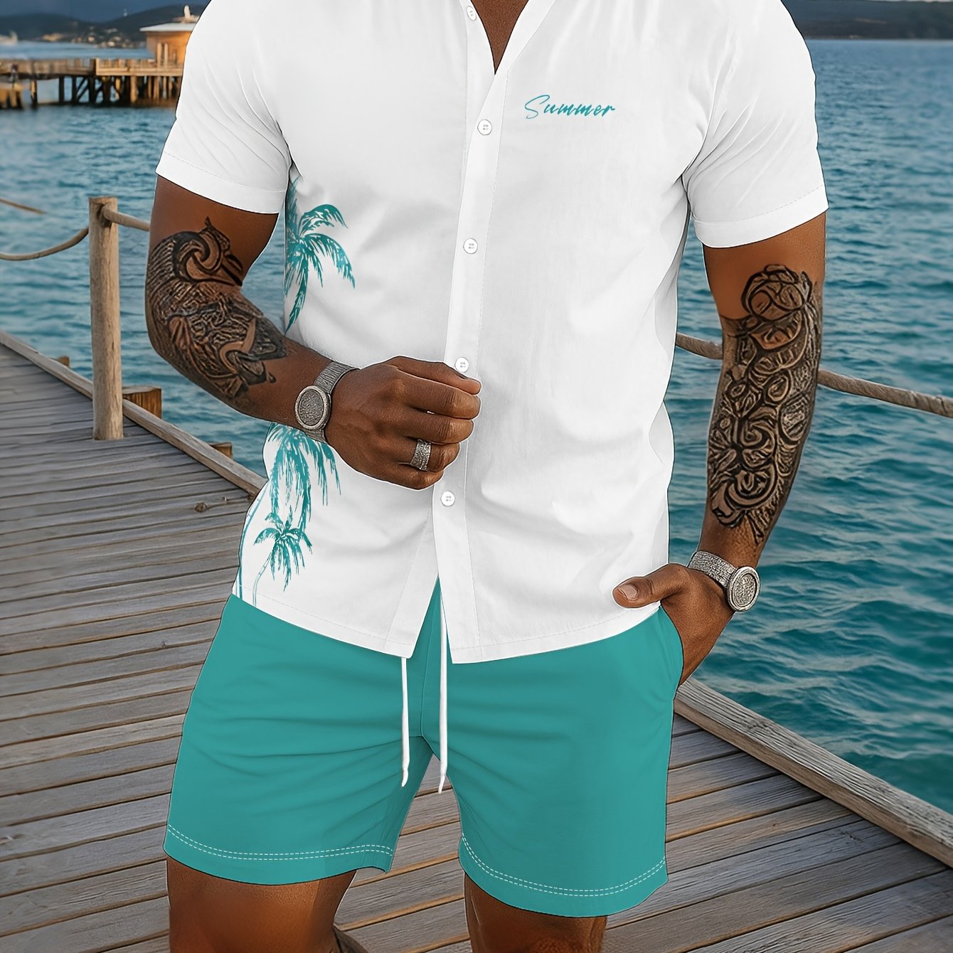 Ensemble Chemise Manches Courtes et Short Imprime Homme - Tenue Ete Decontractee
