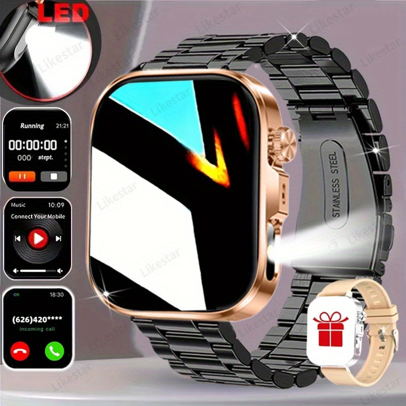 Montre Connectee Tactile Bracelet Acier Inoxydable Ecran HD 2.01 Pouces Recharge Magnetique - Appels Notifications Lampe Torche LED Style Business Decontracte