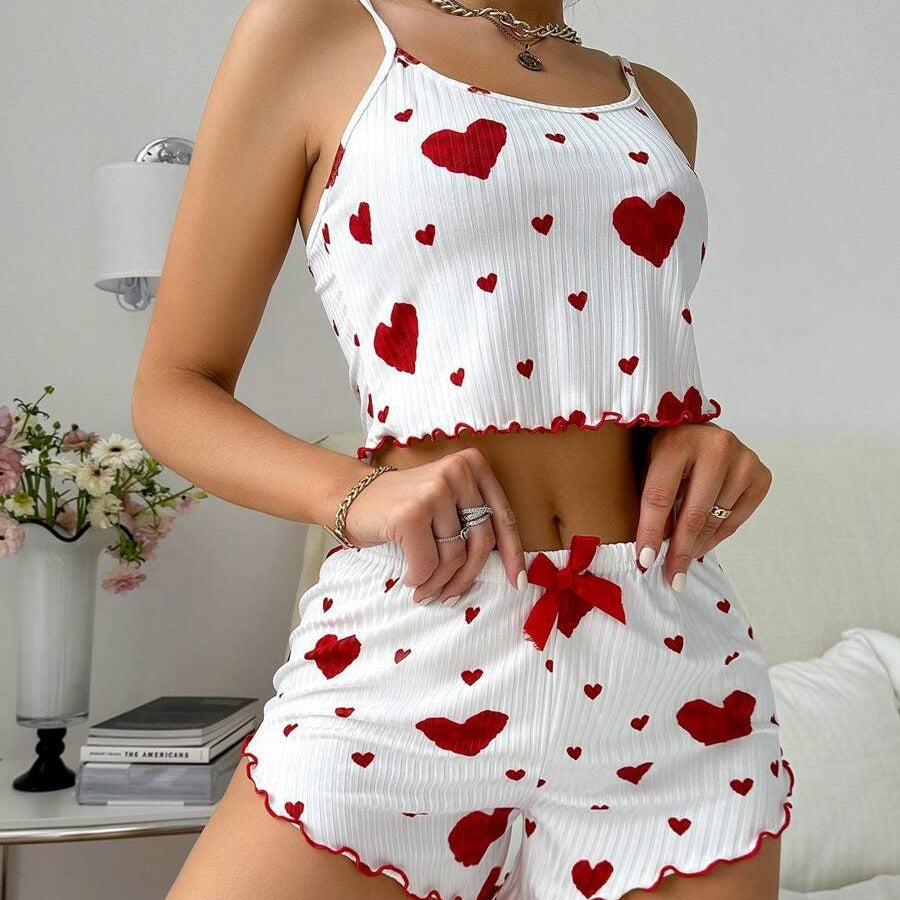 Ensemble pyjama femme bretelles et short - Tissu cotele rayures creuses, imprime coeur, style europeen