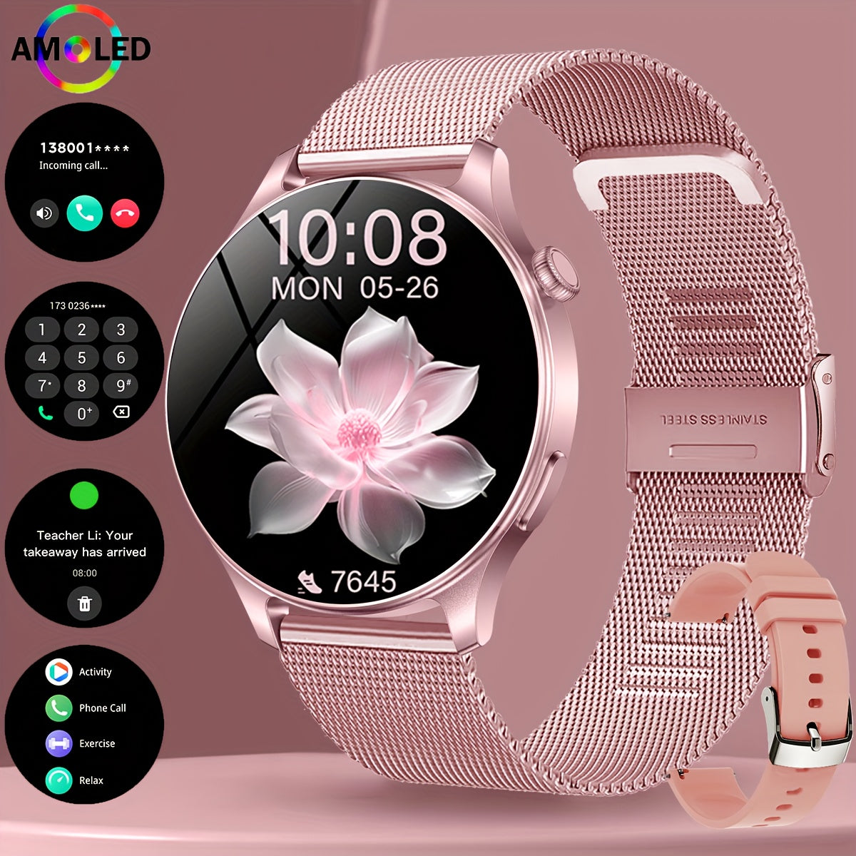 Montre Connectée Femme – Écran AMOLED 1,53", 100+ Modes Sportifs, Appels Sans Fil & IP68 | Charge Magnétique