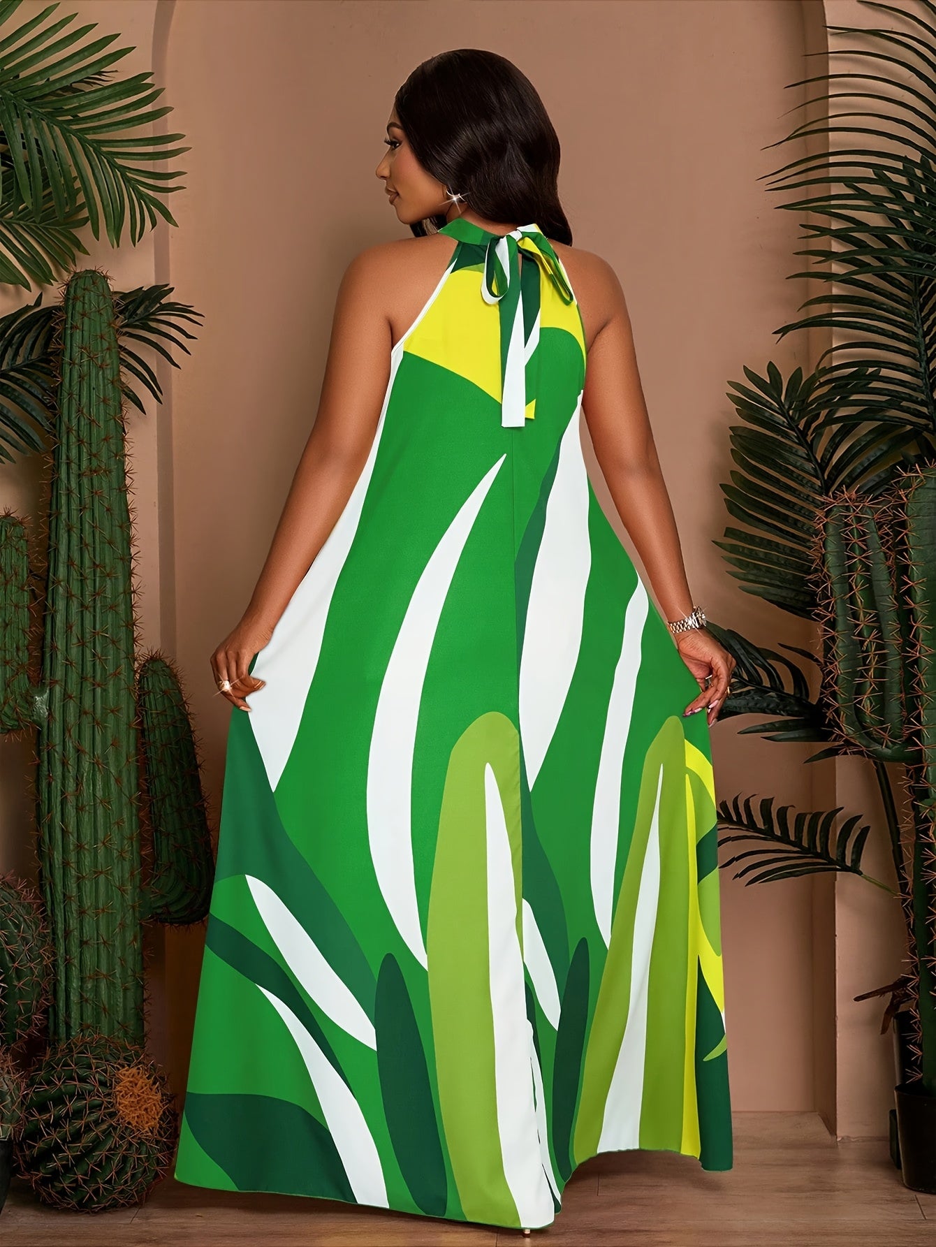 Robe longue plage femme grande taille imprimee - Col rond, coupe trapeze, nouage taille, poches, sans manches, vert ou jaune, L a 4XL