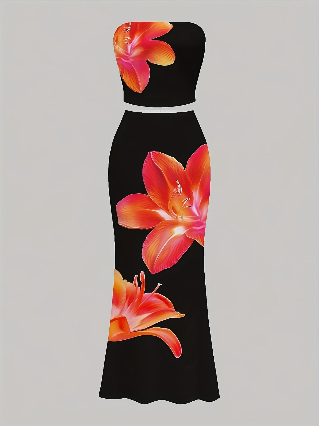 Ensemble 2 Pieces Femme Noir Sans Bretelles - Imprime Floral, Tissu Stretch, Style Elegant, XS au XL
