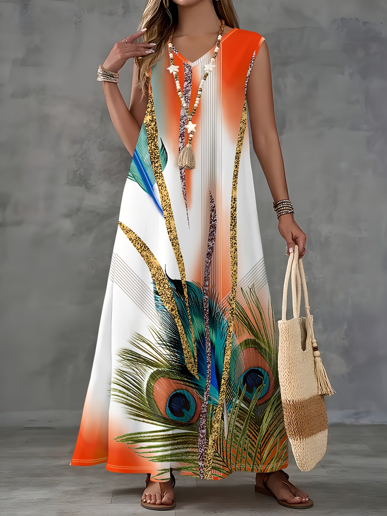 Robe Femme Col en V Motif Plume – Style Vacances, Printemps/Été