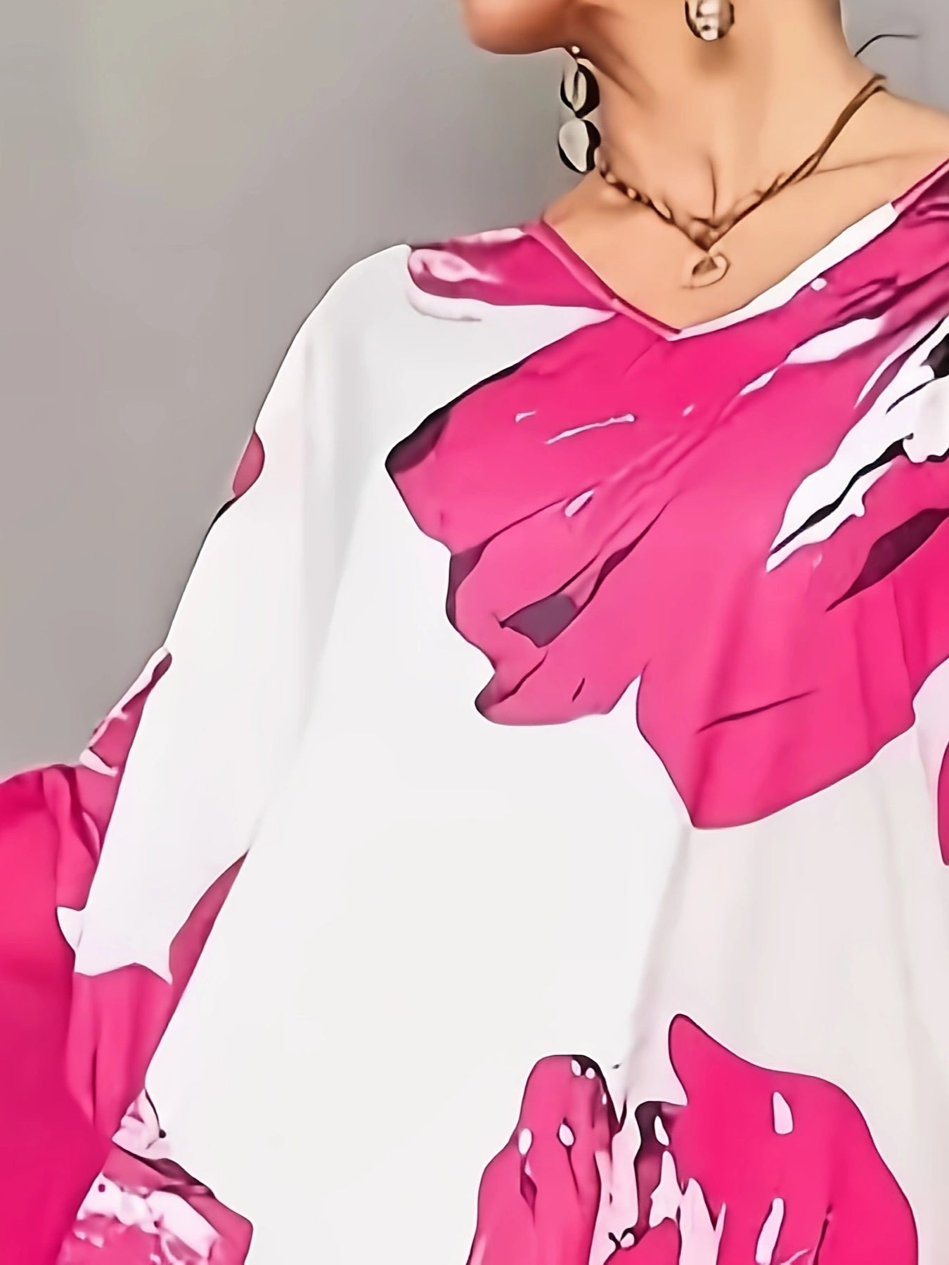 Robe Longue Femme Grande Taille Col en V Volants Motif Floral 100% Polyester - Style Vacances Ete Rose L-5XL