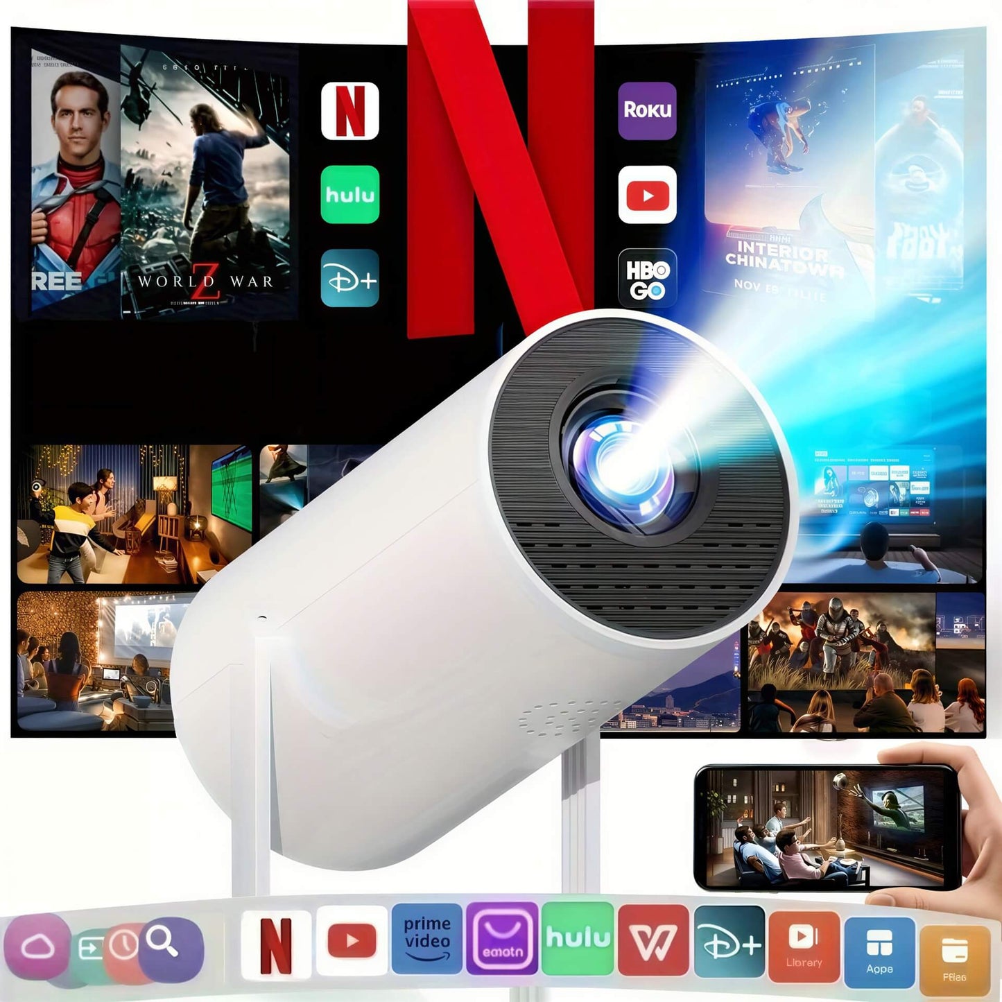 Mini projecteur Full HD 1080p avec lentille avant, affichant des logos de services de streaming sur un fond coloré.