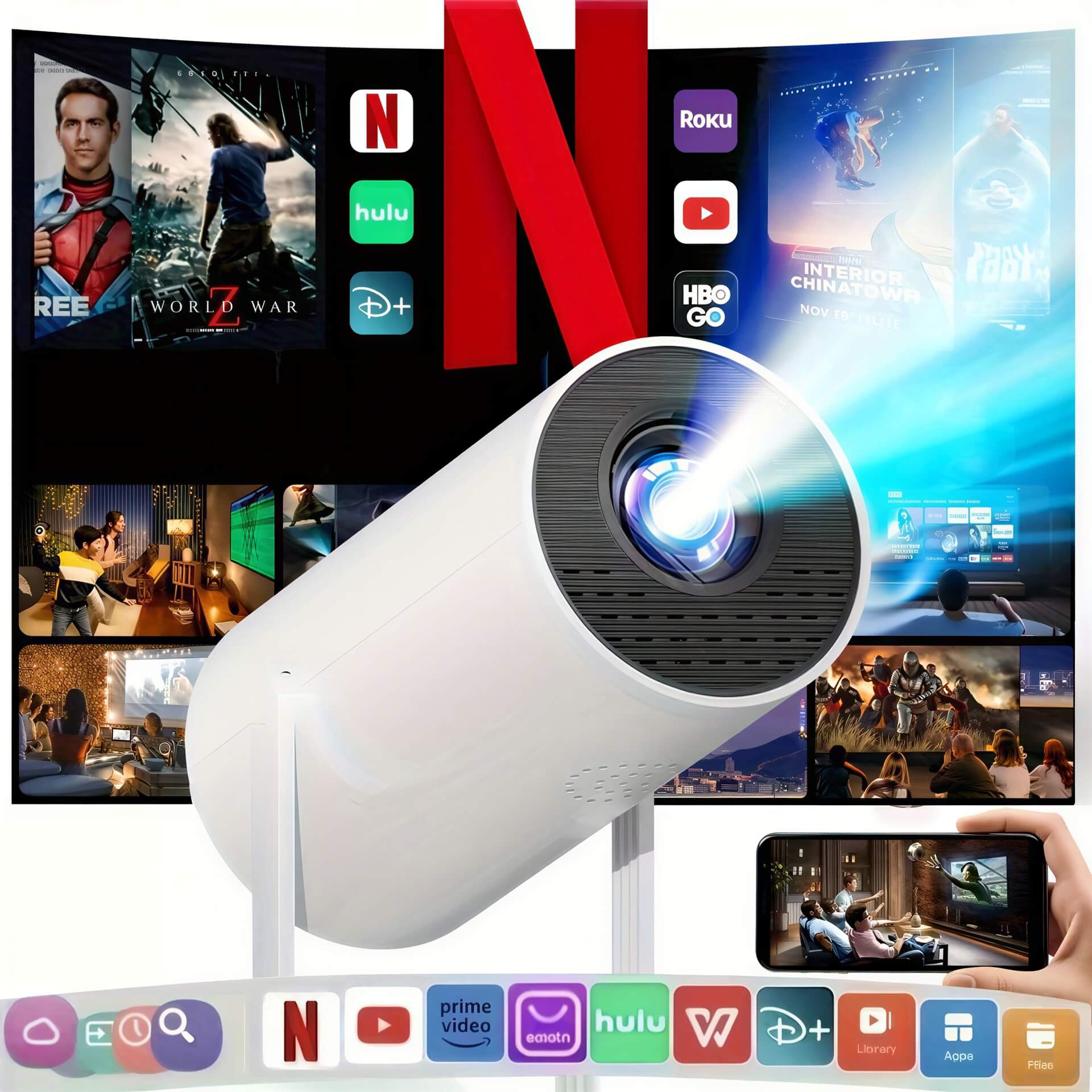 Mini projecteur Full HD 1080p avec lentille avant, affichant des logos de services de streaming sur un fond coloré.