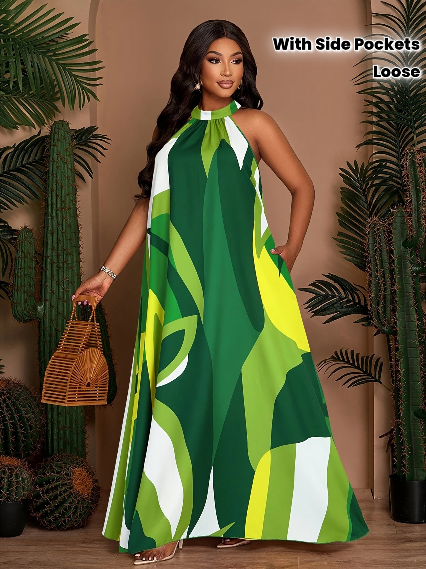 Robe longue plage femme grande taille imprimee - Col rond, coupe trapeze, nouage taille, poches, sans manches, vert ou jaune, L a 4XL