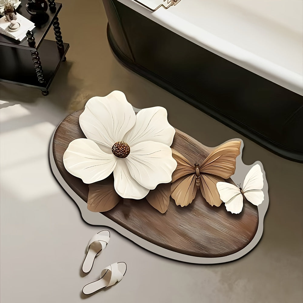 Tapis de Bain Rond Papillon Motif Floral - Antiderapant, Sechage Rapide, 100% Polyester, 40x60 ou 50x80cm