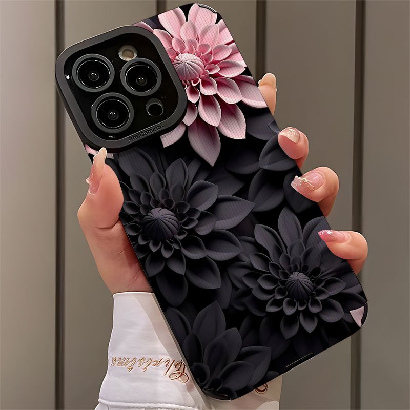 Coque iPhone Motif Floral 3D Rose et Noir – Similicuir, MagSafe, Antichoc