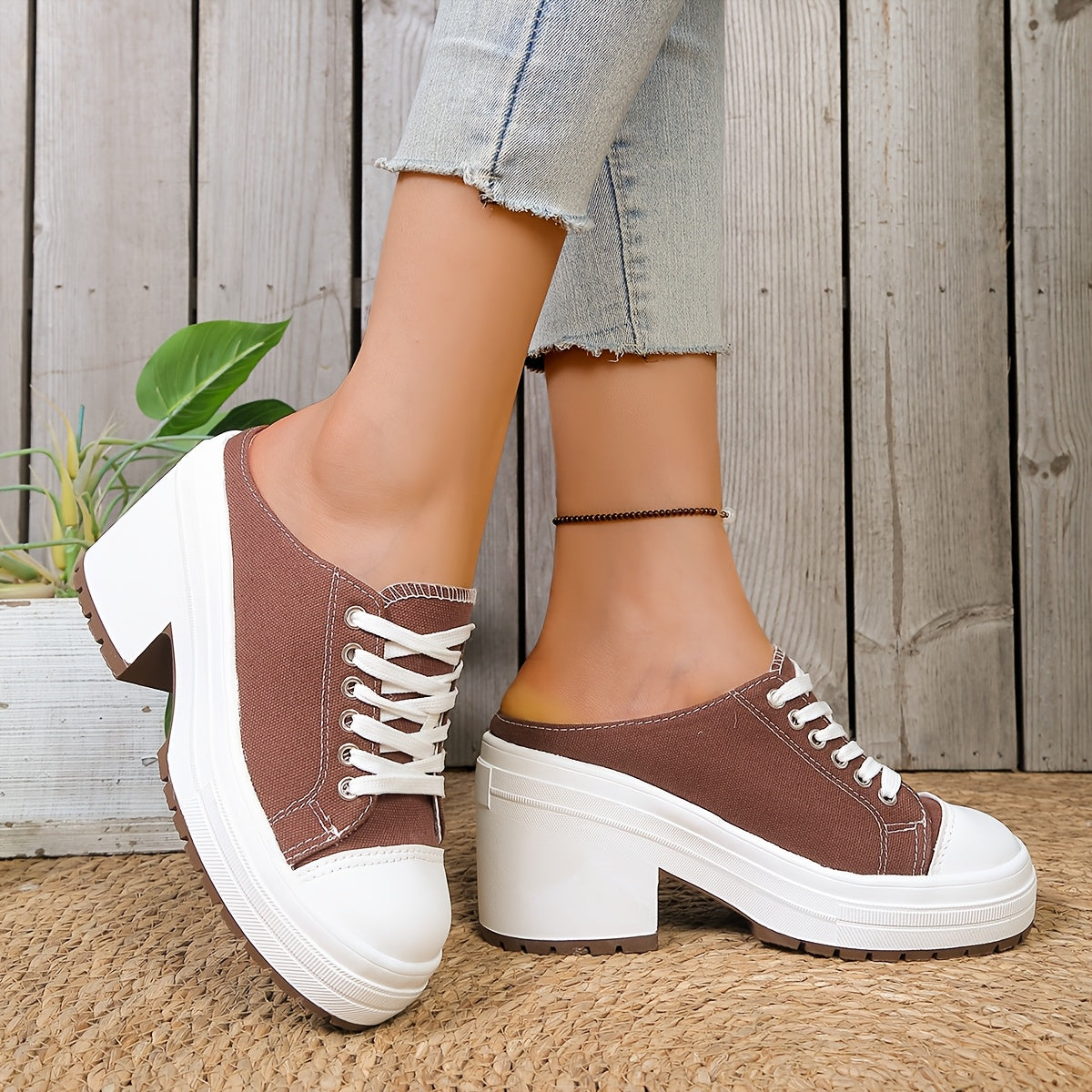 Mules Femme Talon Compense Lacets Tissu Semelle PU - Bout Rond Decontracte Noir Marron EU 36-42