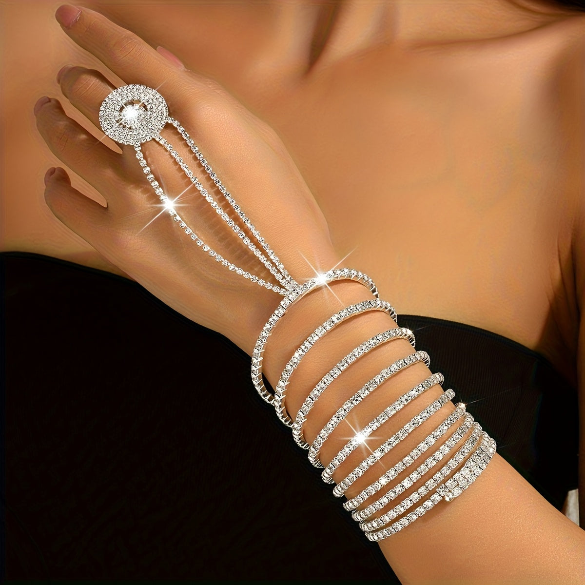 Bracelet Strass Multi-Rangs Femme - Style Luxe Pailletes Dore Argente