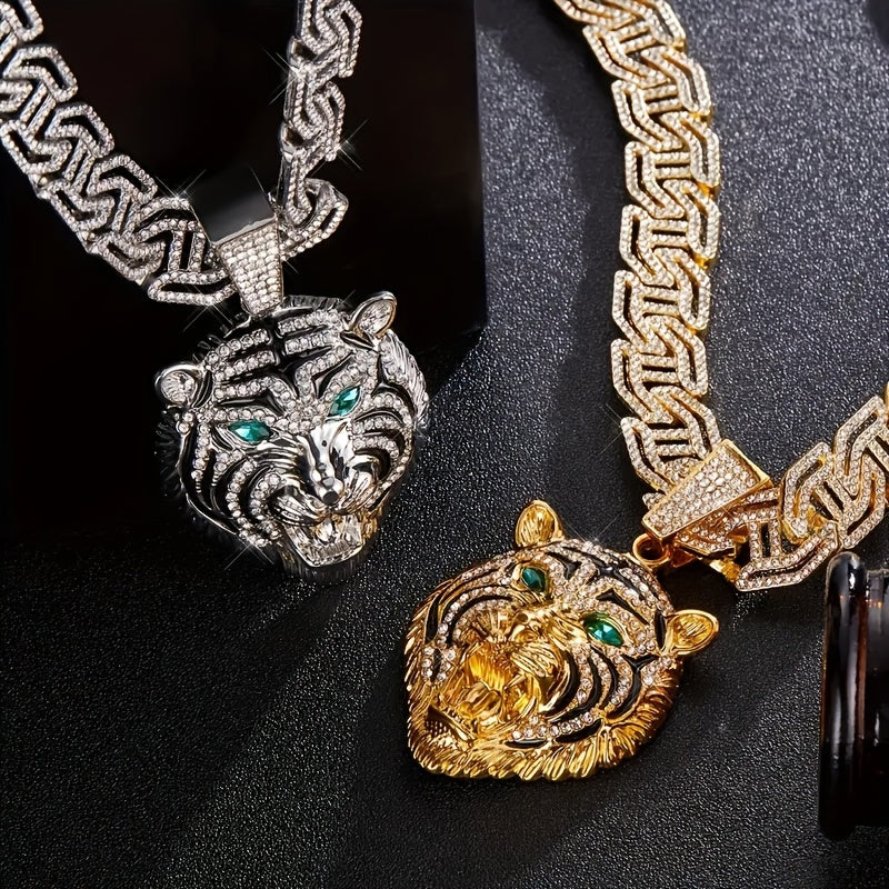 Collier Pendentif Tête de Tigre Yeux Verts — Chaîne Cubaine Strass, Alliage Zinc, 2 Coloris