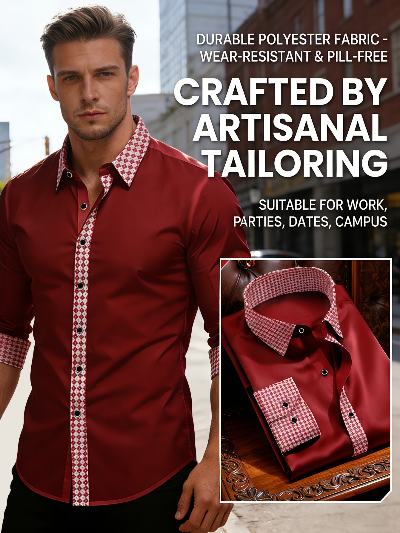 Chemise Homme Manches Longues Col Revers Blocs de Couleur 100% Polyester Decontractee - Rouge FR S-XL