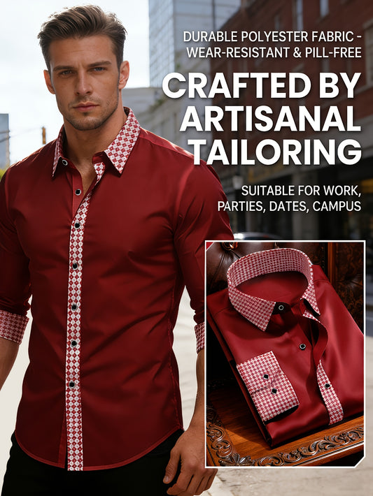 Chemise Homme Manches Longues Col Revers Blocs de Couleur 100% Polyester Decontractee - Rouge FR S-XL