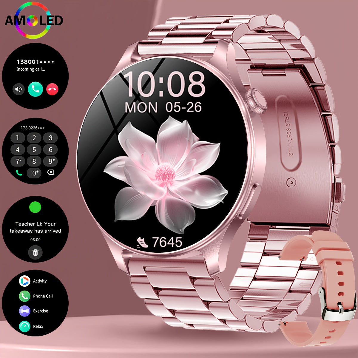 Montre Connectée Femme – Écran AMOLED 1,53", 100+ Modes Sportifs, Appels Sans Fil & IP68 | Charge Magnétique