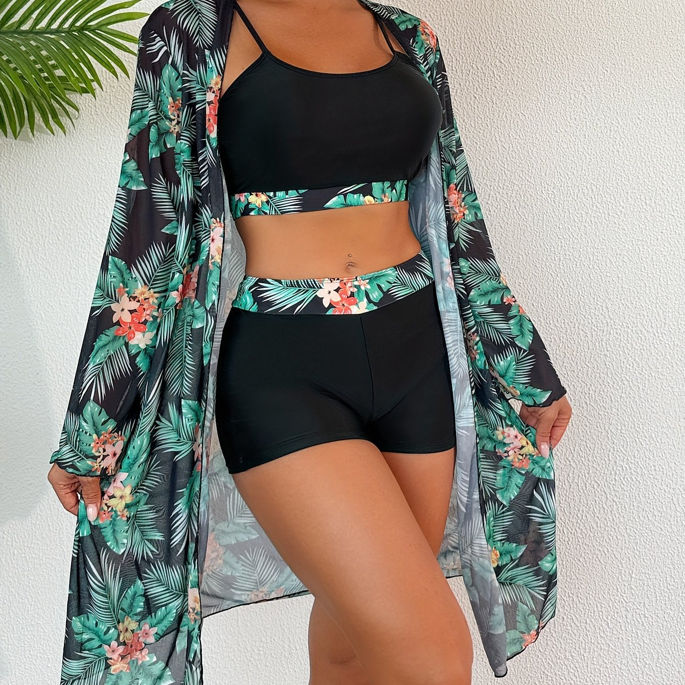 Maillot de Bain 3 Pieces Femme Taille Haute Imprime Tropical - 82% Polyester Elasthanne Tres Extensible S-XL
